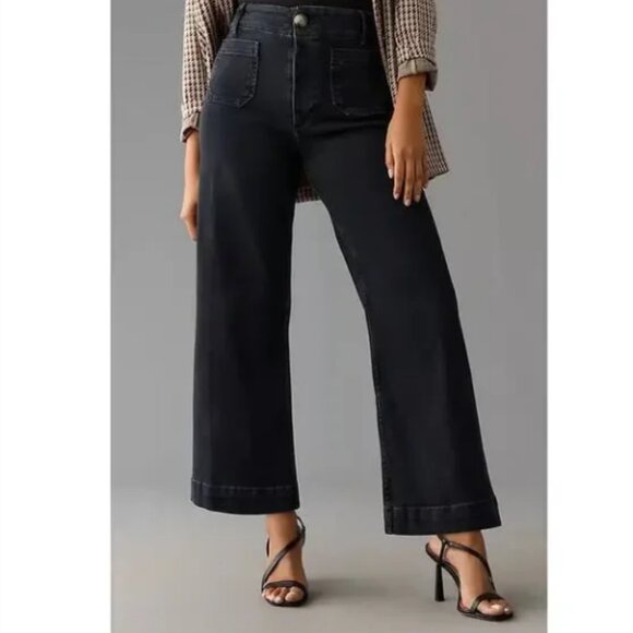 Anthropologie's Maeve The Colette Cropped Wide Leg High Rise Black Pants Size 31 - Picture 1 of 9